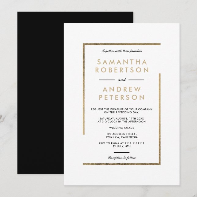 Minimalist white black gold chic elegant wedding invitation (Front/Back)