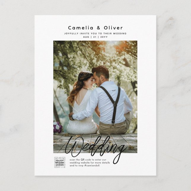  MINIMALIST White & Black Wedding PHOTO QR CODE In Postcard (Front)
