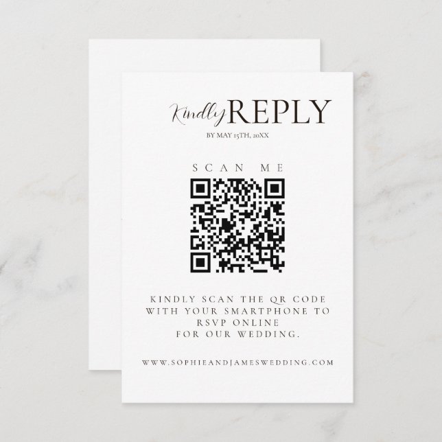 Minimalist White + Black Wedding QR Code RSVP Card (Front/Back)