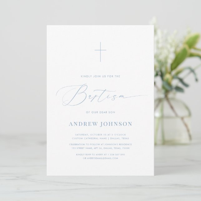 Minimalist White & Blue Elegant Script Christening Invitation (Standing Front)
