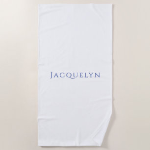 Minimalist White Blue Plain Elegant Modern Name Beach Towel