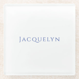 Minimalist White Blue Plain Elegant Modern Name Glass Coaster