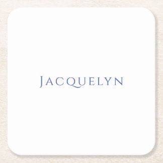 Minimalist White Blue Plain Elegant Modern Name Square Paper Coaster