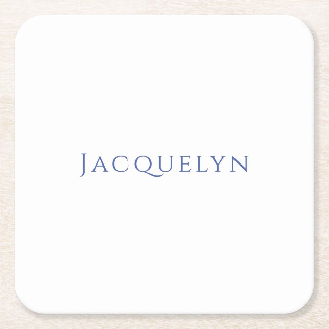 Minimalist White Blue Plain Elegant Modern Name Square Paper Coaster (Front)
