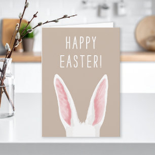 Minimalist White Bunny Ears On Beige Happy Easter Card
