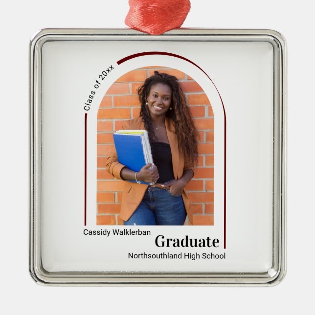 Minimalist White Burgundy Photo Graduation Metal Ornament (Front)