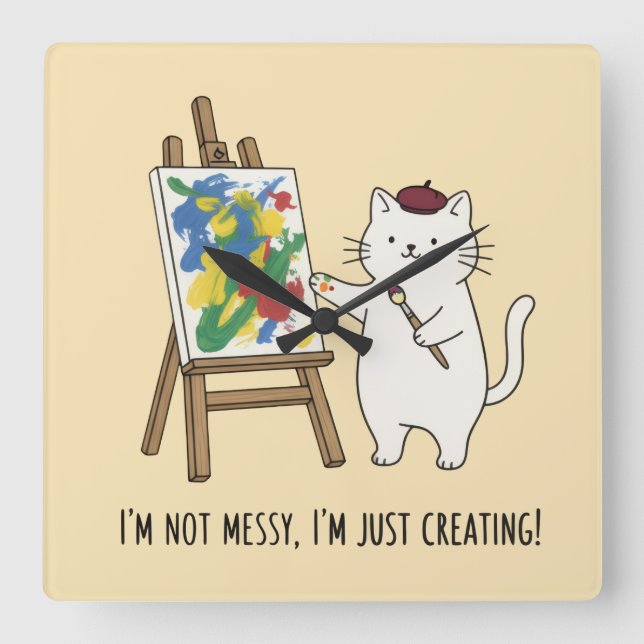 Minimalist White Cat Creative Yellow Home Accent Square Wall Clock (Front)