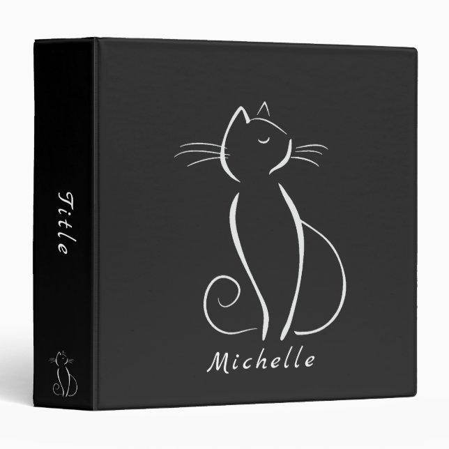 Minimalist White Cat On Black Add Name Binder (Front/Spine)