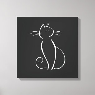 Minimalist White Cat On Black Add Name Canvas Print