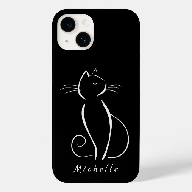 Minimalist White Cat On Black Add Name Case-Mate iPhone Case (Back)