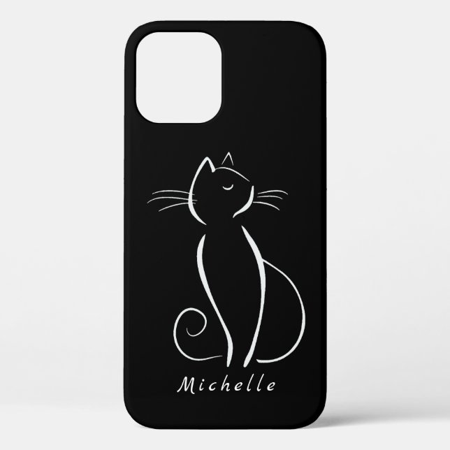 Minimalist White Cat On Black Add Name   Case-Mate iPhone Case (Back)