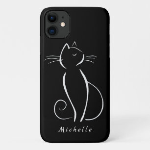 Minimalist White Cat On Black Add Name iPhone 11 Case