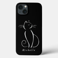 Minimalist White Cat On Black Add Name