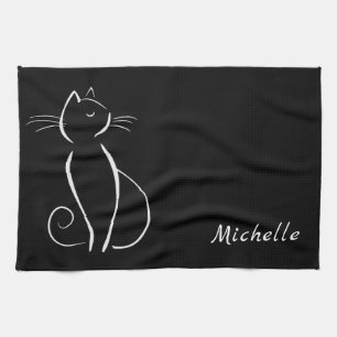 Minimalist White Cat On Black Add Name Kitchen Towel