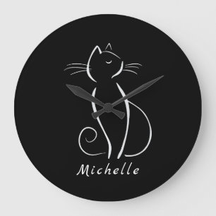 Minimalist White Cat On Black Add Name Large Clock