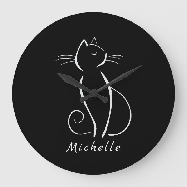 Minimalist White Cat On Black Add Name Large Clock (Front)