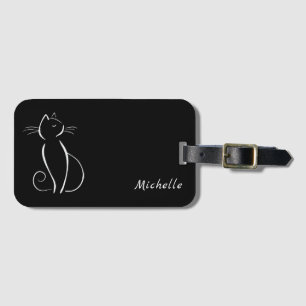 Minimalist White Cat On Black Add Name Luggage Tag