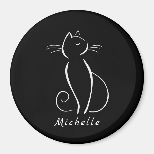 Minimalist White Cat On Black Add Name Magnet (Front)