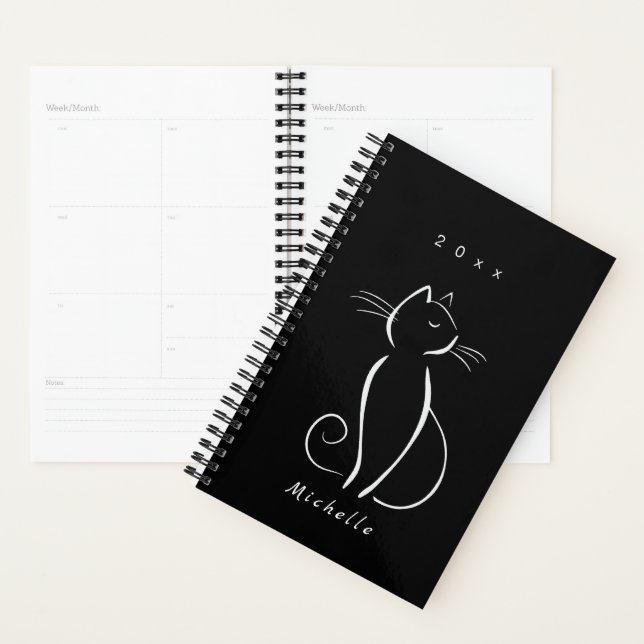 Minimalist White Cat On Black Add Name Planner (Display)