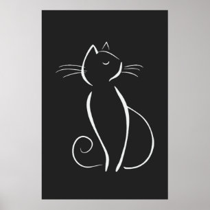 Minimalist White Cat On Black Add Name Poster