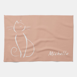Minimalist White Cat On Pink Add Name Kitchen Towel