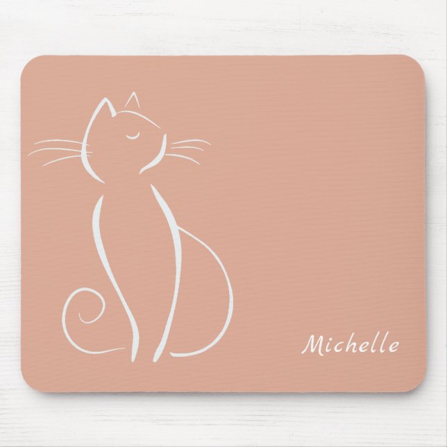 Minimalist White Cat On Pink Add Name Mouse Pad (Front)