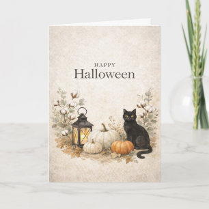 Minimalist White Cotton Stems Eucalyptus Halloween Card