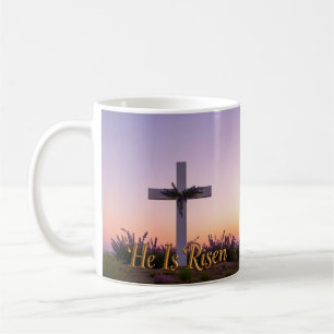Minimalist white cross adorned with lavender coffee mug