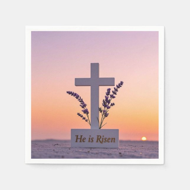 Minimalist white cross adorned with lavender napkin (Front)