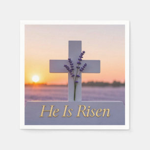 Minimalist white cross adorned with lavender  napkin