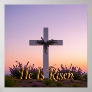 Minimalist white cross adorned with lavender  poster