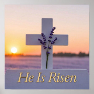 Minimalist white cross adorned with lavender  poster