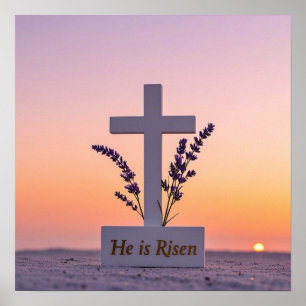 Minimalist white cross adorned with lavender poster