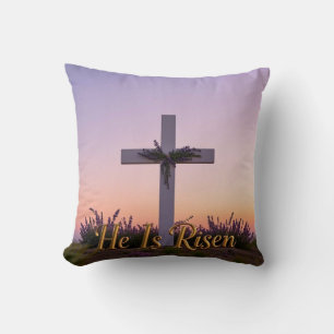 Minimalist white cross adorned with lavender  throw pillow