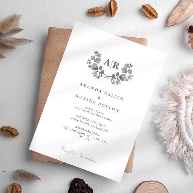 Minimalist White & Eucalyptus Wedding Invitation (Creator Uploaded)