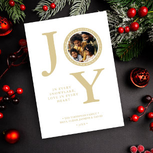 Minimalist White & Faux Gold Vintage Round Photo  Holiday Card