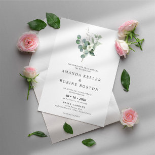 Minimalist White Floral & Eucalyptus Wedding Invitation