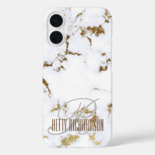 Minimalist White Glitter Marble Initial Monogram iPhone 16 Case
