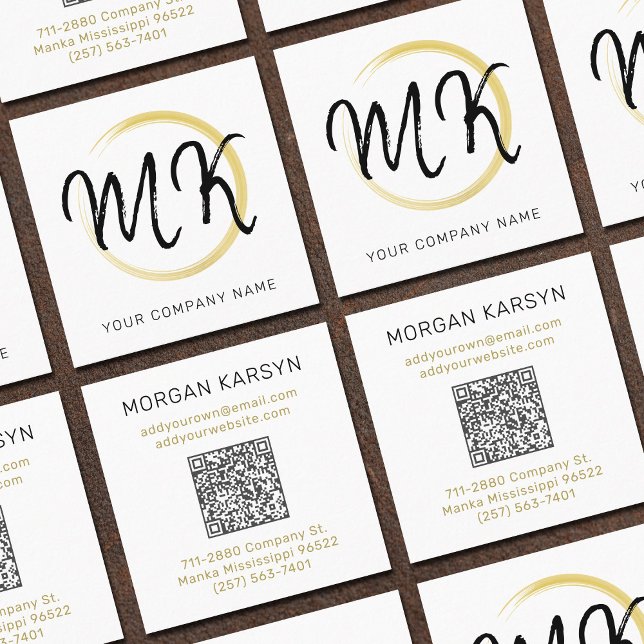 Minimalist White Gold & Black Add QR Code Monogram Square Business Card (Creator Uploaded)