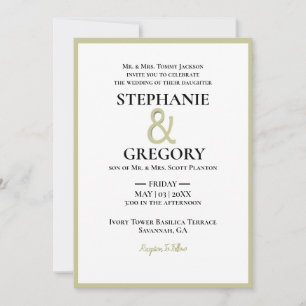 Minimalist White & Gold Border Wedding  Invitation