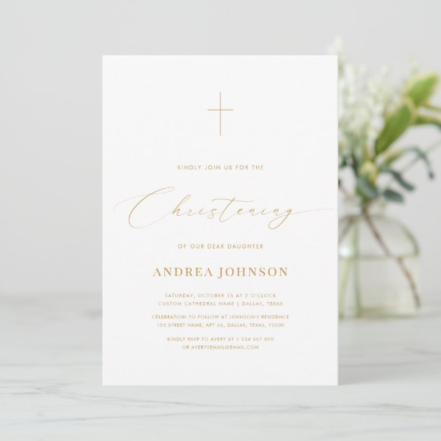Minimalist White & Gold Elegant Script Christening Invitation (Standing Front)
