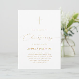 Minimalist White & Gold Elegant Script Christening Invitation