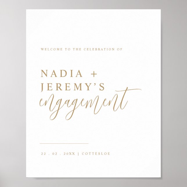 Minimalist White & Gold Engagement Welcome Sign (Front)