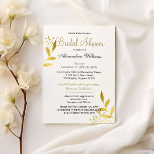 Minimalist white gold glam foliage Bridal Shower  Invitation