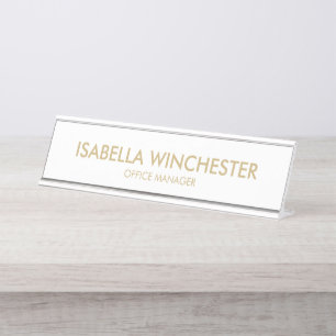 Minimalist white gold name title simple elegant  desk name plate