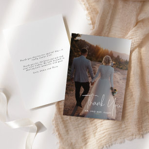 Minimalist White Handwritten Script Photo Wedding Thank You Card