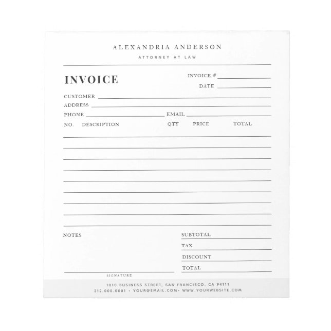 Minimalist White Lawyer Professional Invoice Notepad (Front)