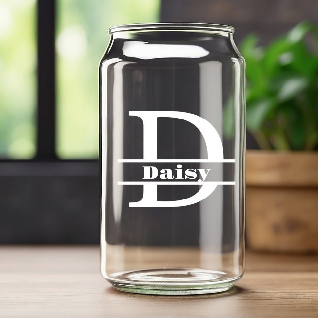 Minimalist White Letter D Monogram and Custom Name Can Glass (Creator Uploaded)