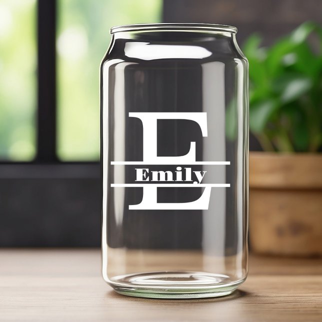 Minimalist White Letter E Monogram and Custom Name Can Glass (Creator Uploaded)