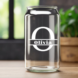 Minimalist White Letter O Monogram and Custom Name Can Glass